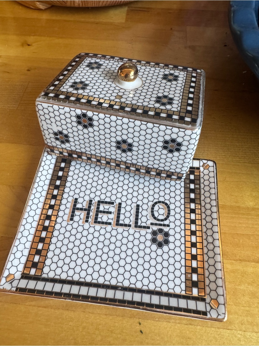 Anthropologie White, Black & Gold 'HELLO' Ceramic Trinket Box with Tray